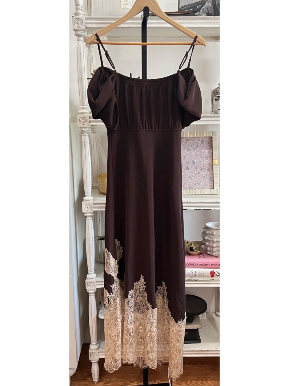 Anthropologie Bl-nk Satin Off-Shoulder Lace Slip Midi Dress Size XS Y2K 90s - Picture 7 of 7